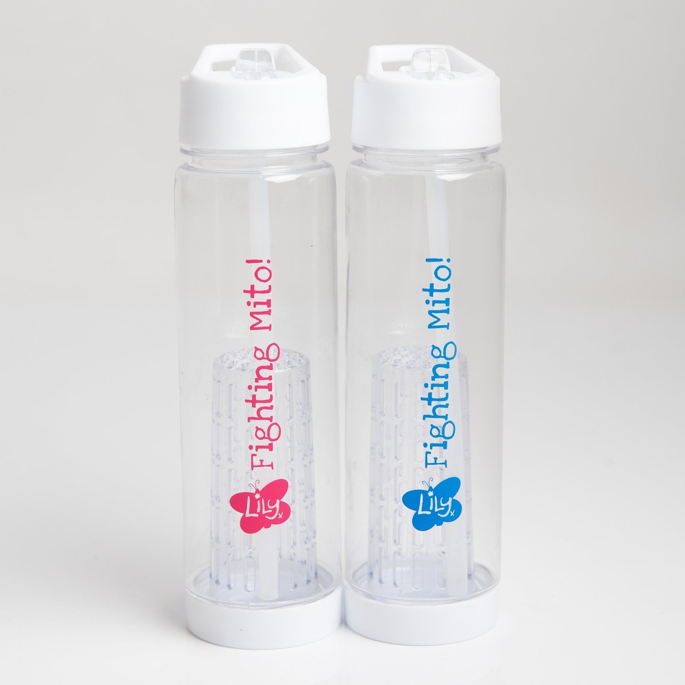 Two transparent water bottles with the Lily Foundation logo and the words fighting mito, one with pink text, one with blue.