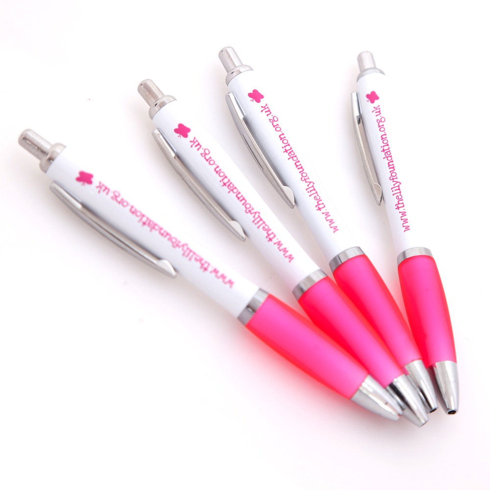White and pink pens featuring a pink butterfly and the Lily Foundation website address