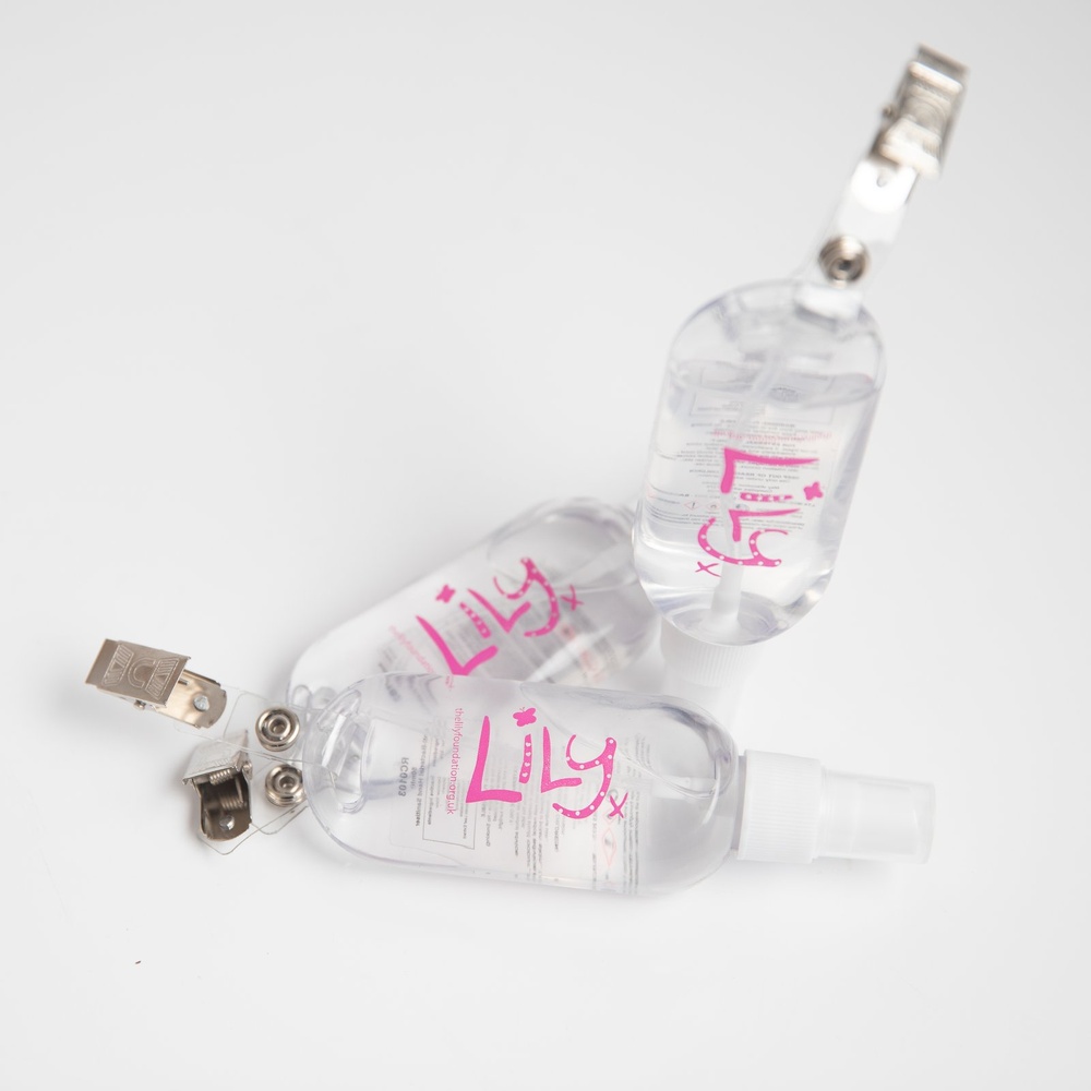 Clip-on bottles of hand sanitiser featuring the Lily Foundation logo.