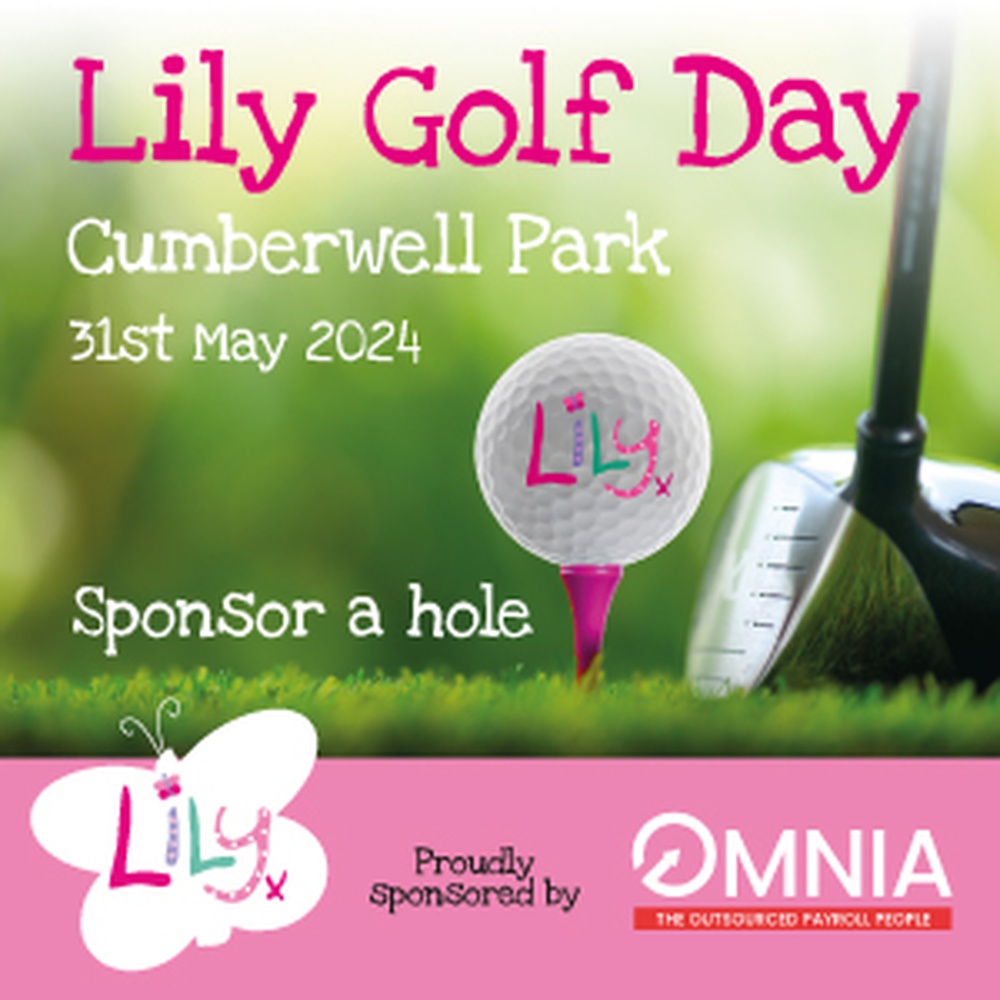 Graphic showing a close-up of a golf ball on a tee advertising the Lily South West Golf Day sponsorship opportunities