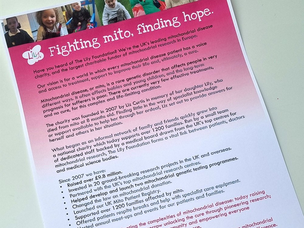 A4 sheet of paper, pink to white with images along the top of mito patients