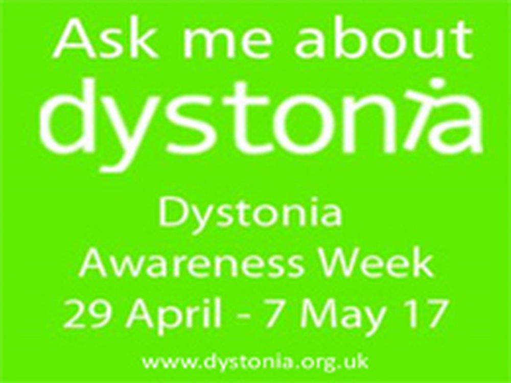 A green background with the words ask me about Dystonia on it