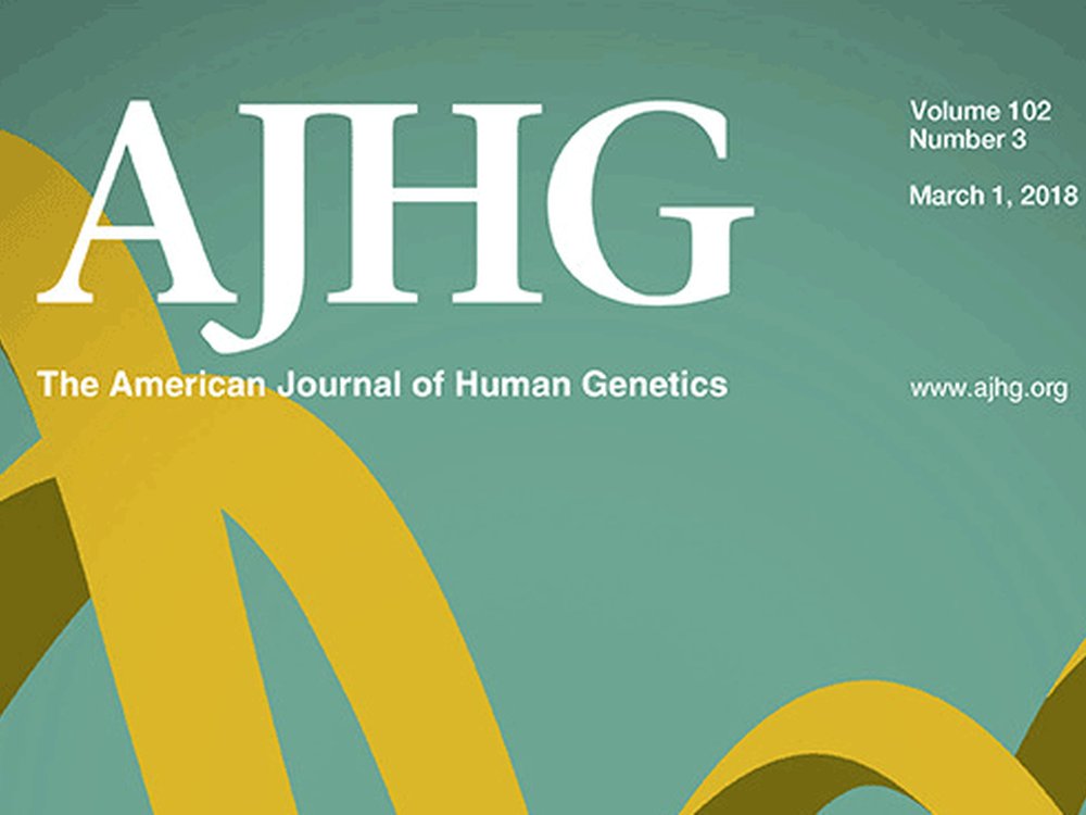 The cover page of the American Journal of Human Genetics. It is green with AJHG in white letters and a golden ribbon flows