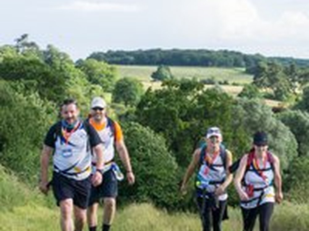 A group of people walk towards the camera up a hill covered in grass with trees and bushes behind them
