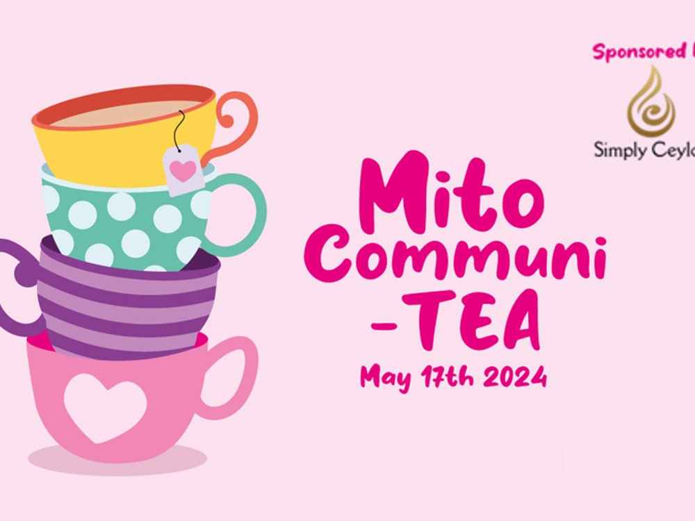 Illustration of stacked teacups in pastel colours advertising Mito Communi-TEA event