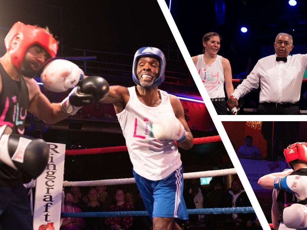 Montage of shots of people wearing Lily vests, boxing in a ring with boxing gloves and headgear