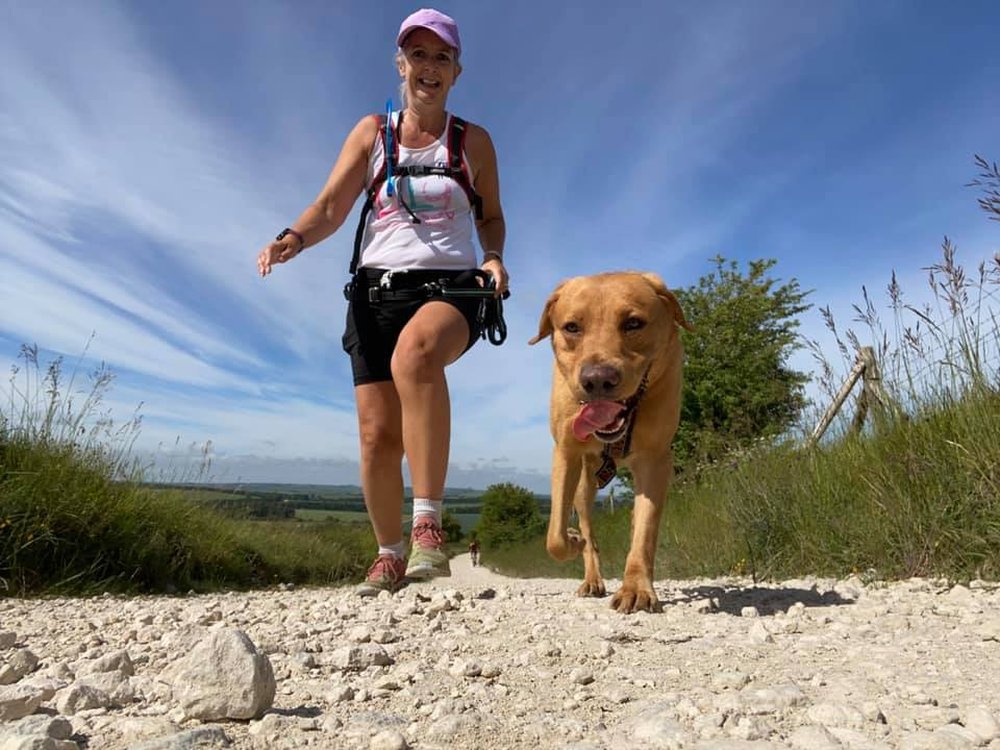 Dynamic shot from below of a lady in a t-shirt and shorts plus a dog walking along a path in blue sky