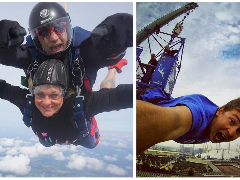 Montage of a couple skydiving and a man bungee jumping