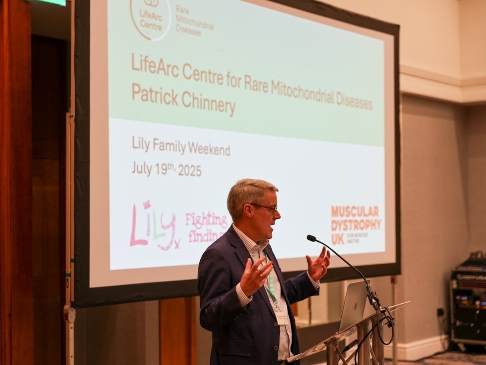 Professor Patrick Chinnery presenting to families about the LifeArc Centre for rare Mitochondrial Diseases