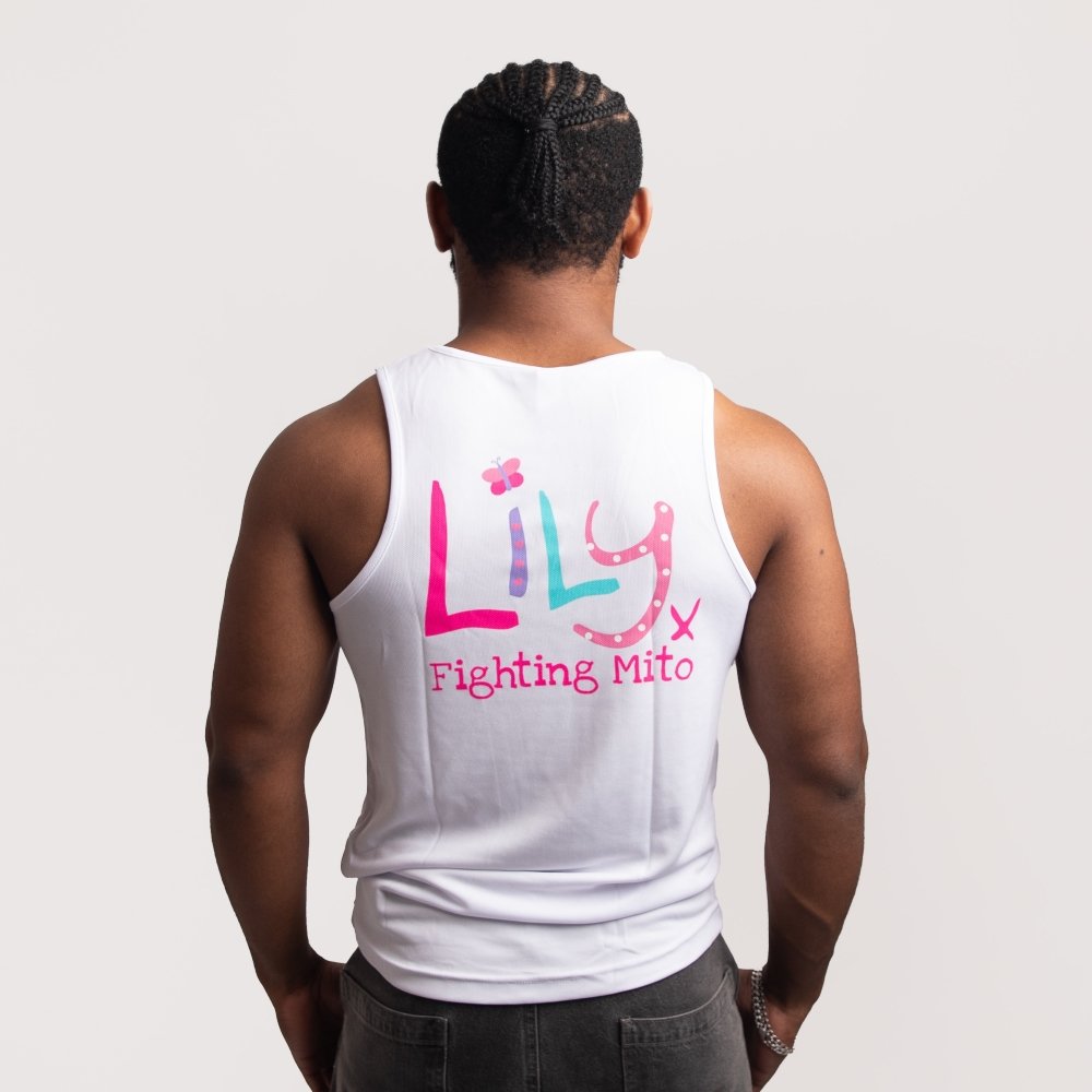 The back of a man in a white vest featuring the Lily Foundation logo and fighting mito underneath.
