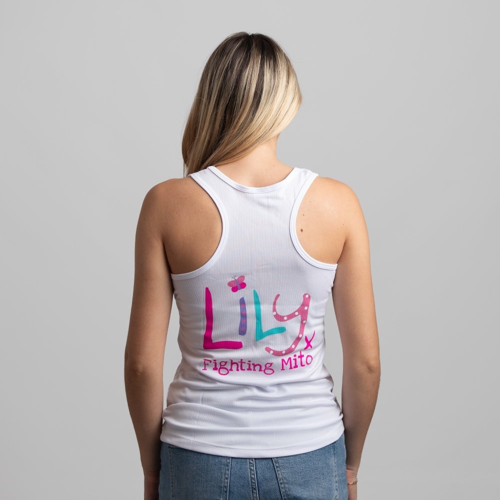 The back of a woman in a white vest featuring the Lily logo and Fighting Mito underneath
