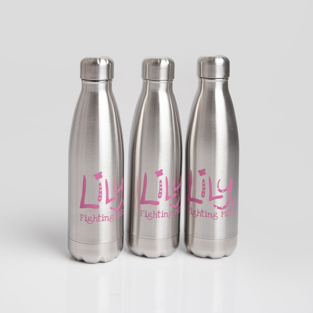 Three silver water bottles in a line featuring the Lily Foundation logo and the words fighting mito.