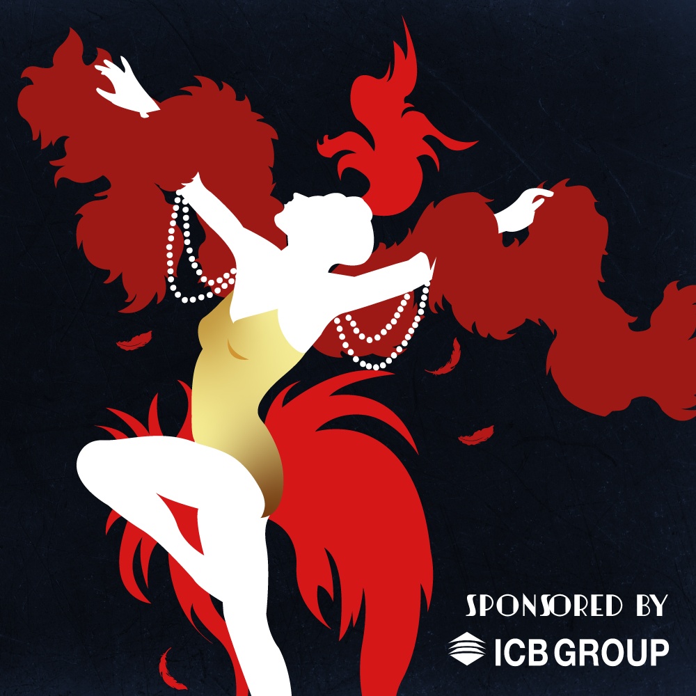 Illustration of a showgirl wearing red feathers and boa and a gold bodice