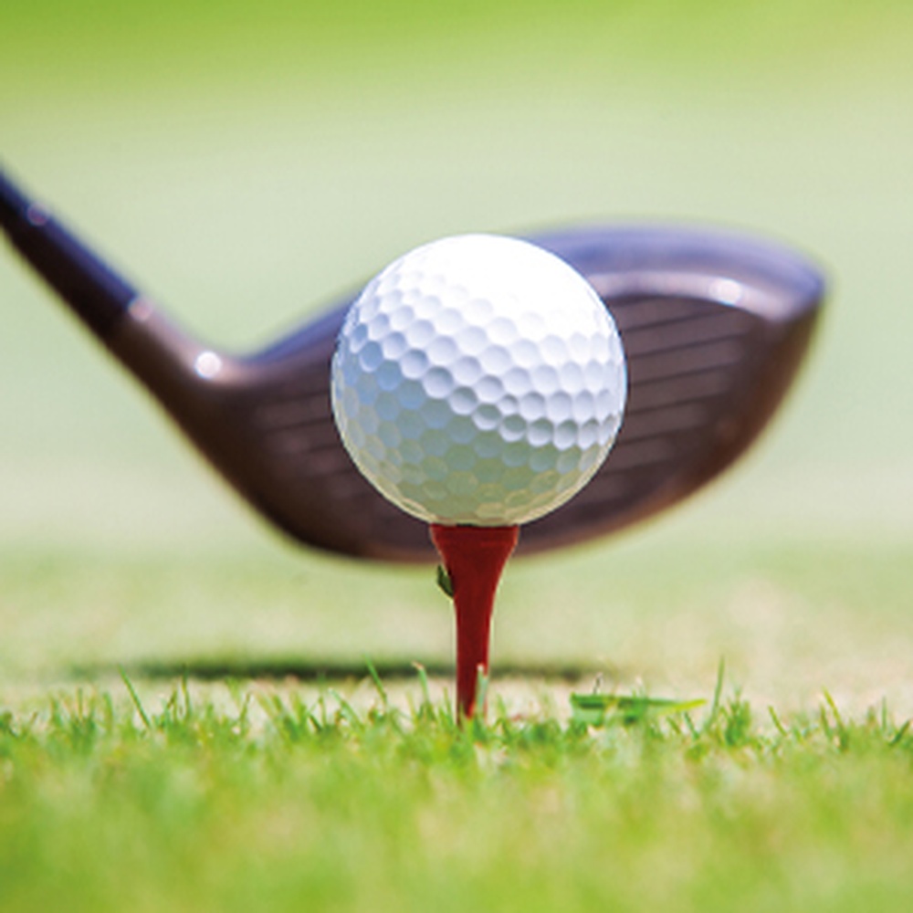 Close-up of a golf ball and the head of a club on a green