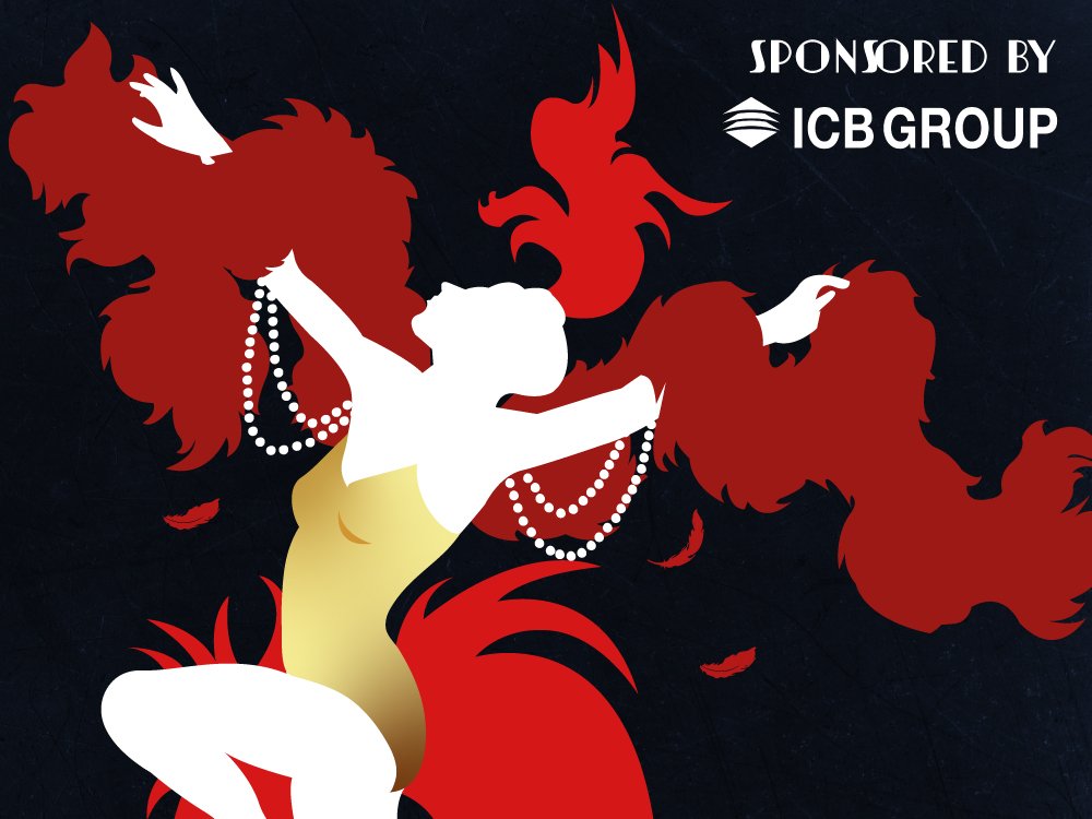 The Lily Burlesque Ball 2026 - Illustration of a showgirl with red feathers and boa and a gold bodice