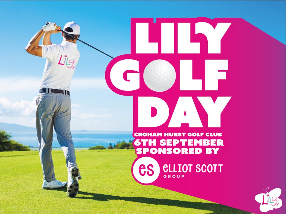 Advert for the Lily Golf Day showing a man swinging a golf club and wearing a Lily t-shirt