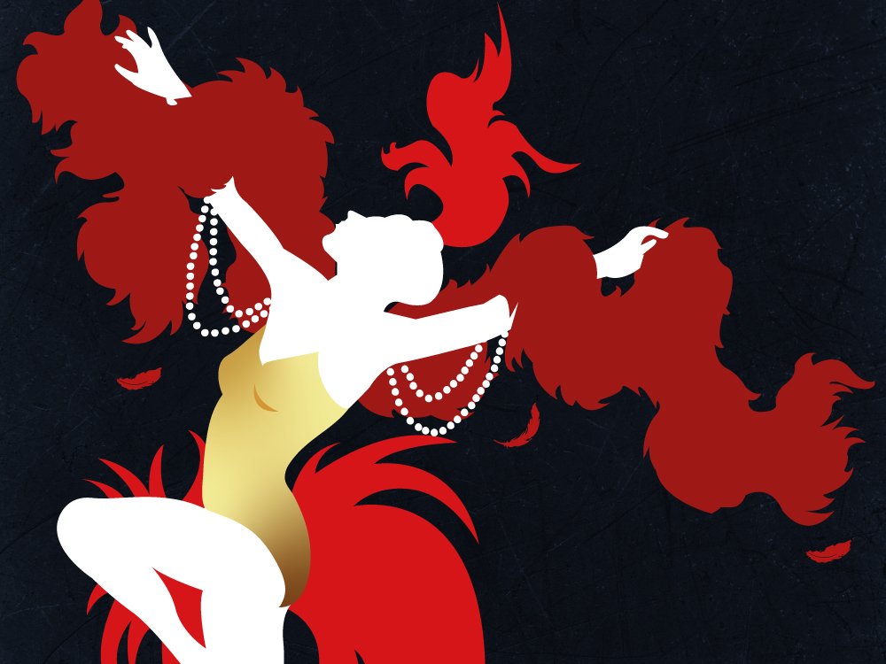 The Lily Burlesque Ball 2026 - Illustration of a showgirl with red feathers and boa and a gold bodice