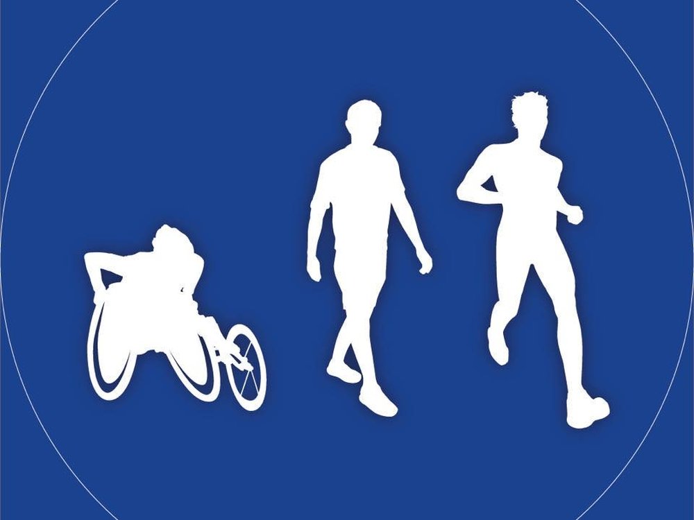 Silhouetted image of a wheelchair user, walker and runner on a blue background