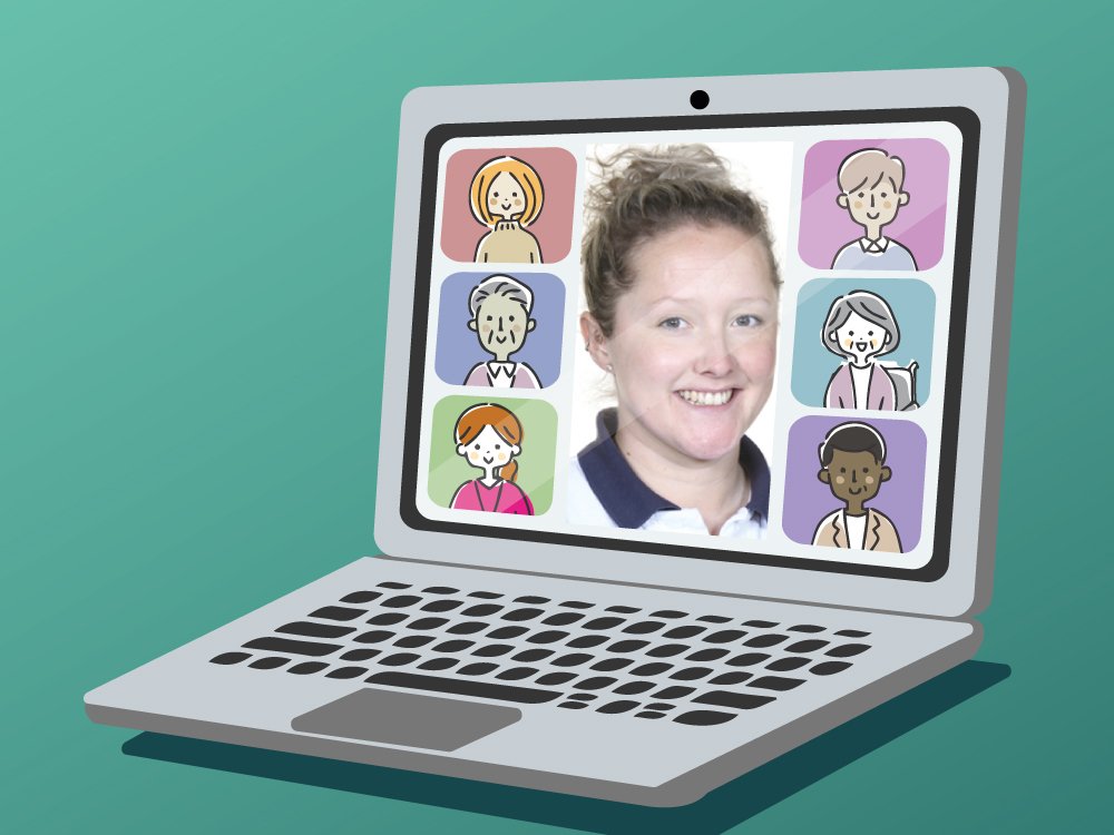 Graphic illustration of a laptop with a headshot of physiotherapist Francesca Henderson