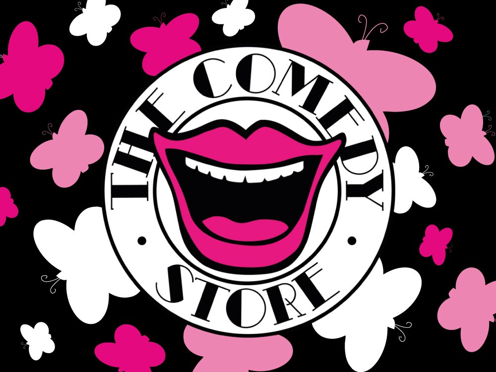 Lily Comedy Night 2027 – Save the Date - Logo of the Comedy Store with pink and white illustrated butterflies behind