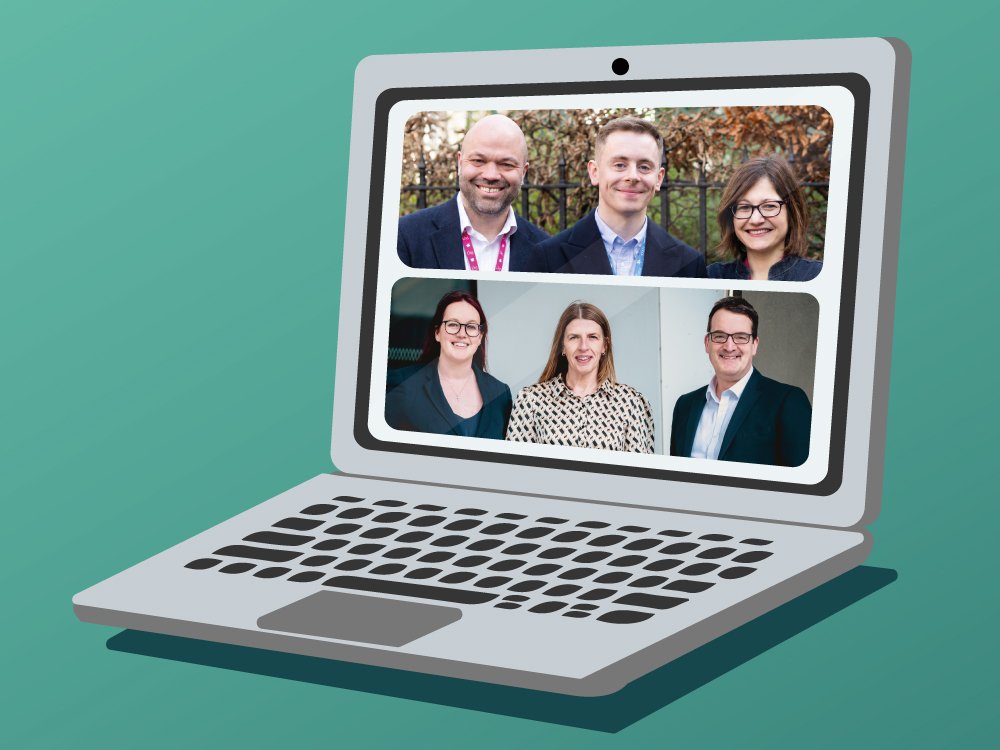 Graphic illustration of a laptop with headshots of mitochondrial disease experts