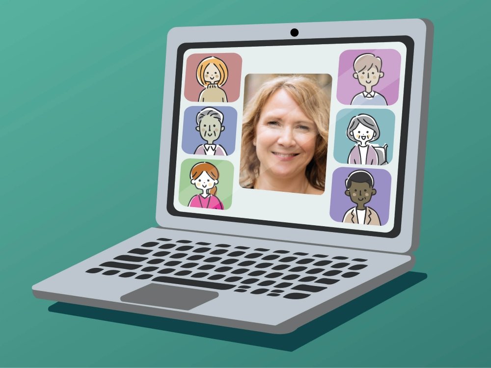 Illustration of a conference call on a laptop with a photo of a woman in the middle