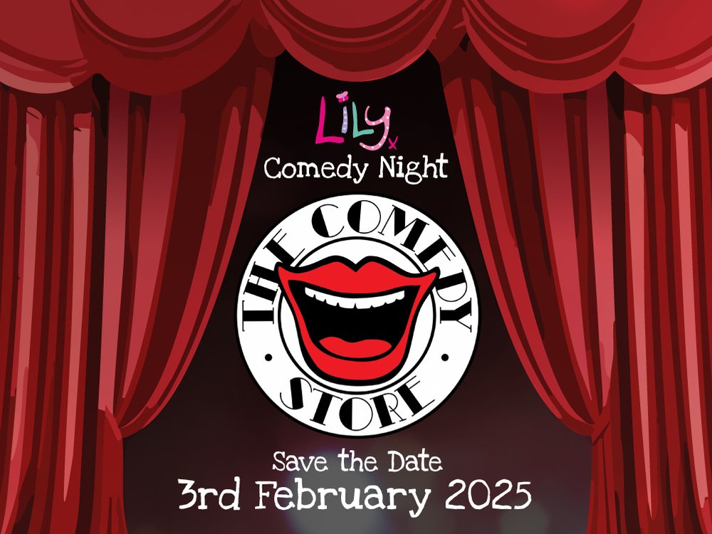 Graphic illustration of the Lily Comedy Night with the Comedy Store logo