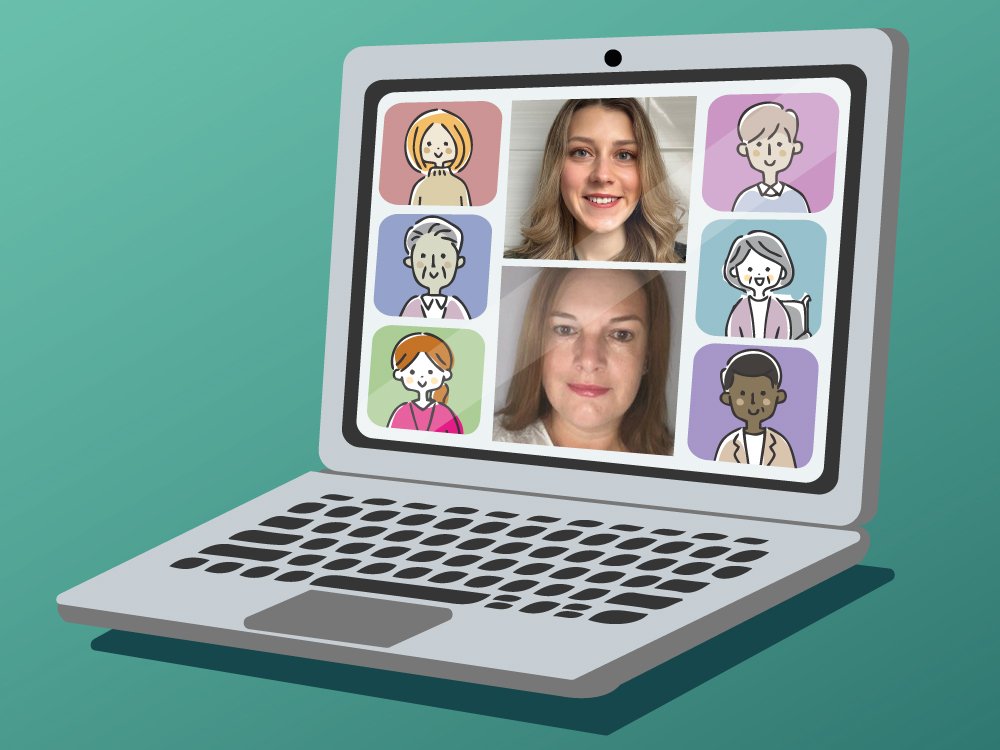 Illustration of a laptop conference meeting with photos of 2 mito experts