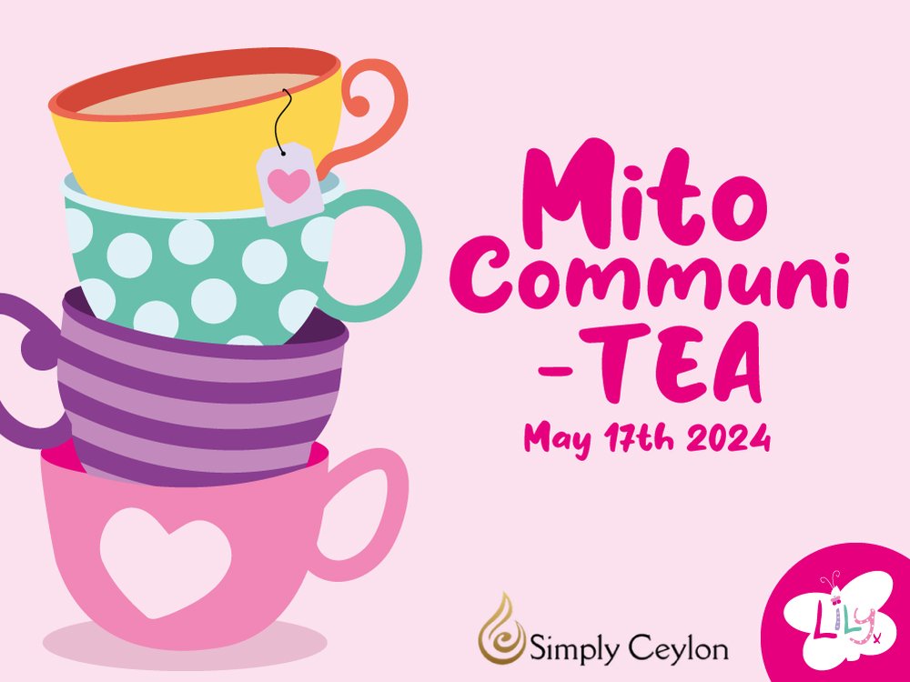 Graphic of stacked tea cups in pastel colours advertising the Lily Mito Communi-TEA