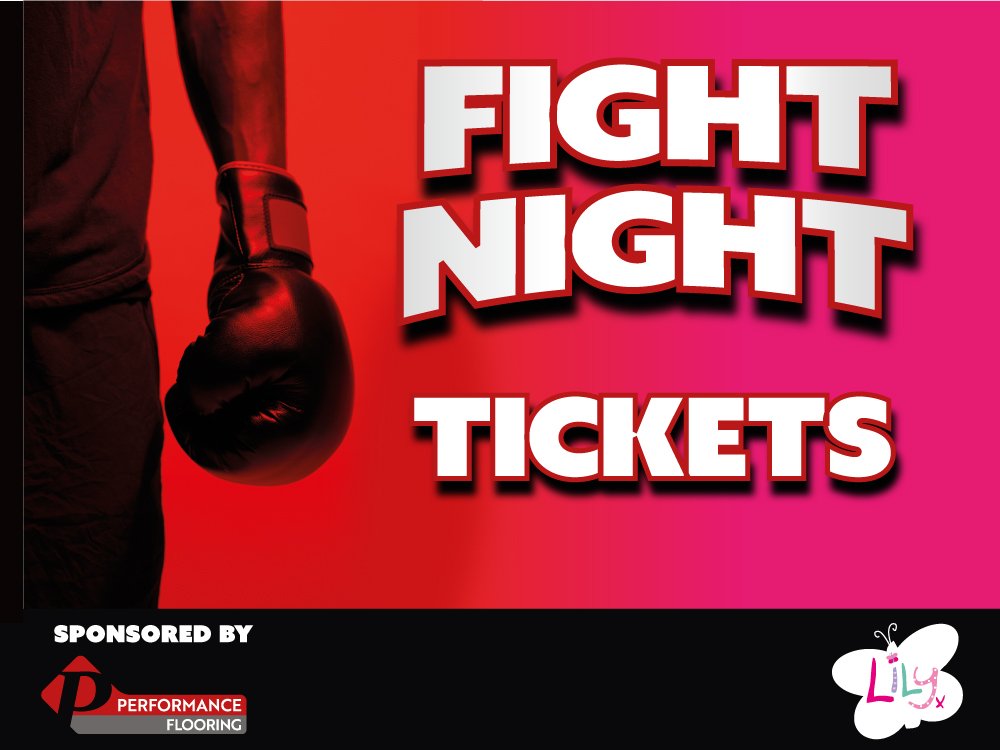 Graphic of a boxing glove on a red background advertising tickets for the Lily Fight Night 2024