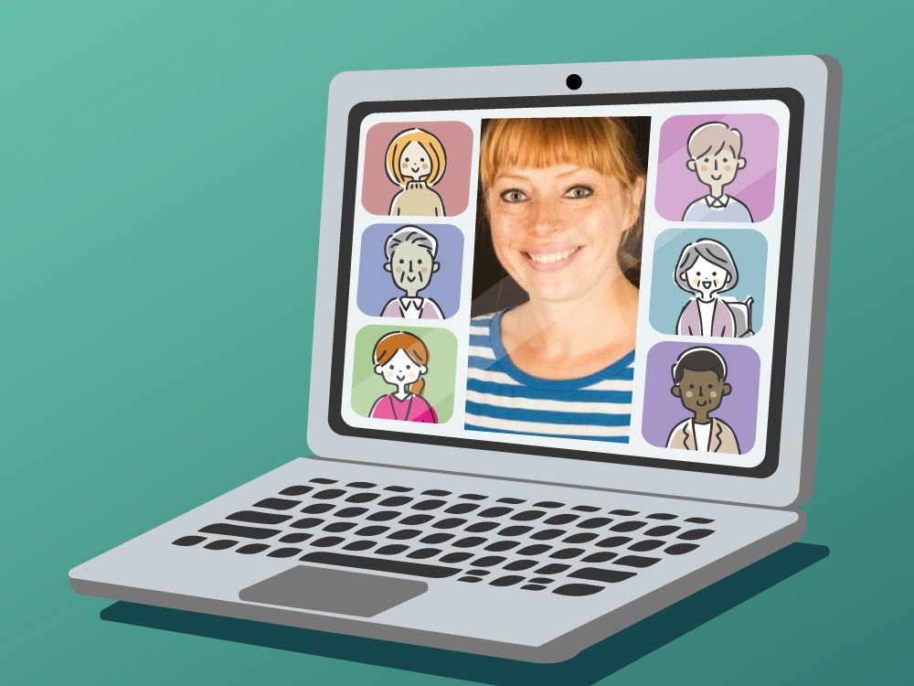 Graphic illustration of a laptop with headshot of physiotherapist Sarah Holmes Graphic illustration of a laptop with headshot of physiotherapist Sarah Holmes