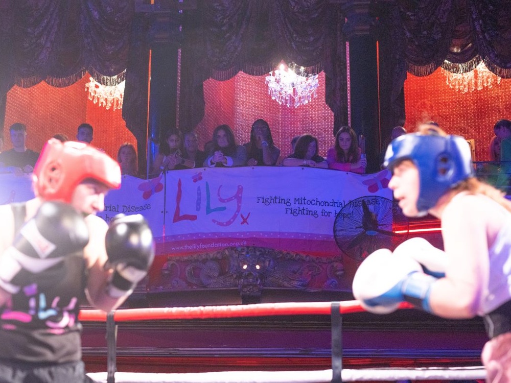 Two Lily boxers squaring up with a large Lily banner in the background