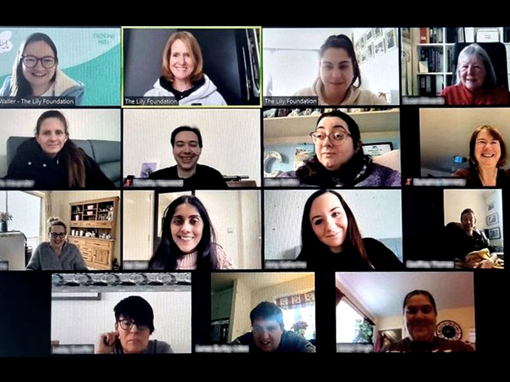 lap top showing 15 people with mito in zoom squares on a group call