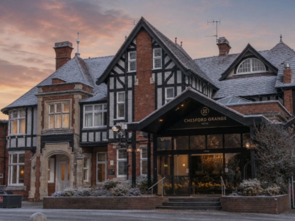 The front of the Chesford Grange Hotel in Warwickshire with snow on the roof