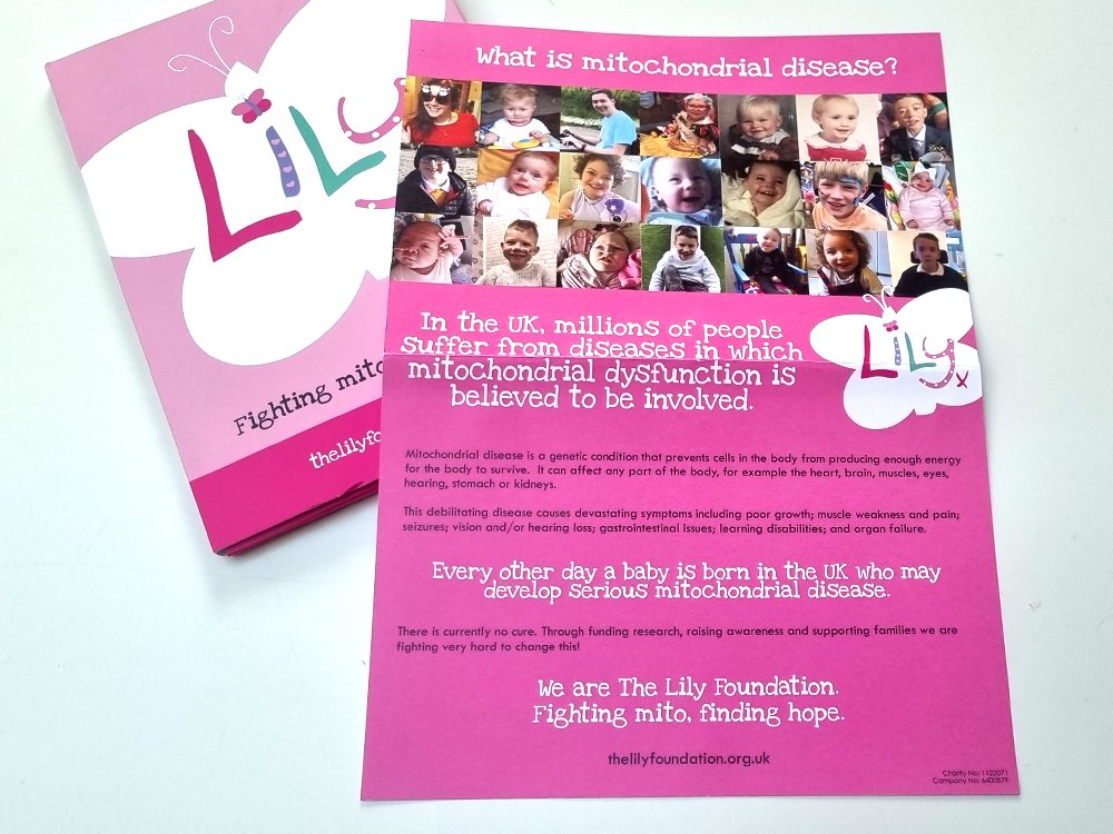 Pink A4 leaflet with rows of squares showing the faces of people with mito