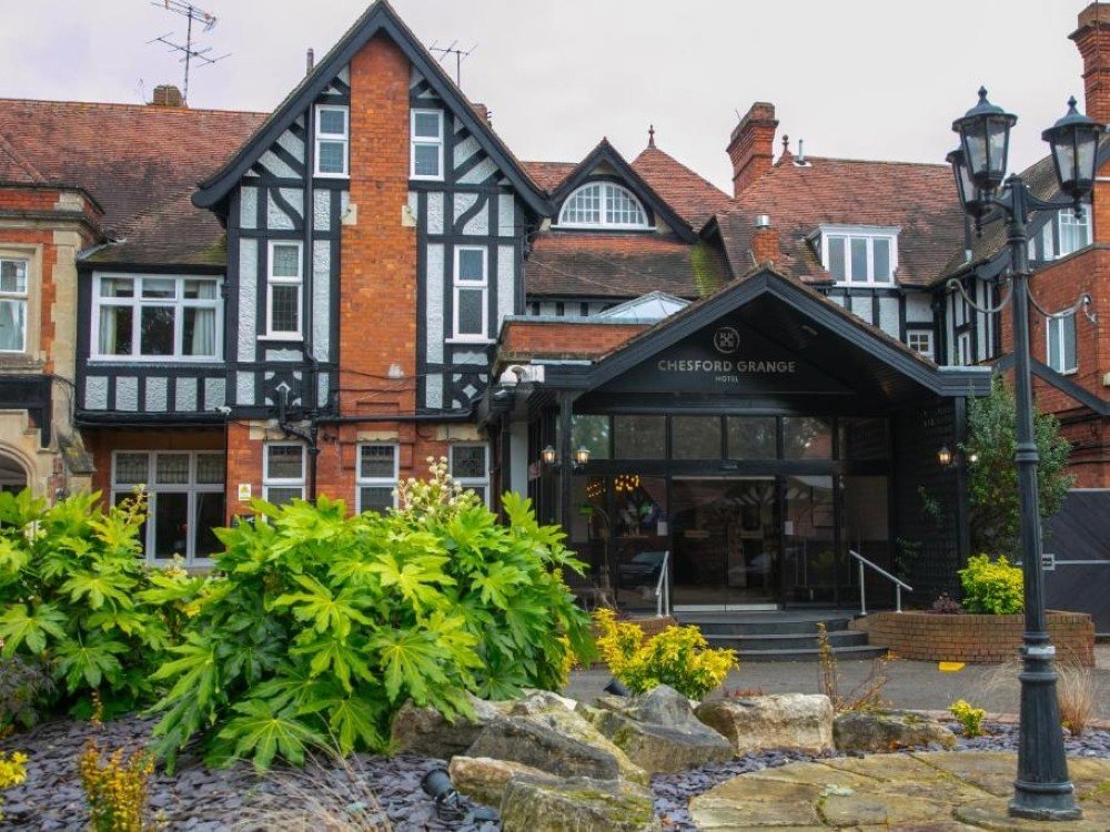 The front entrance and reception at the Chesford Grange Hotel, Warwickshire