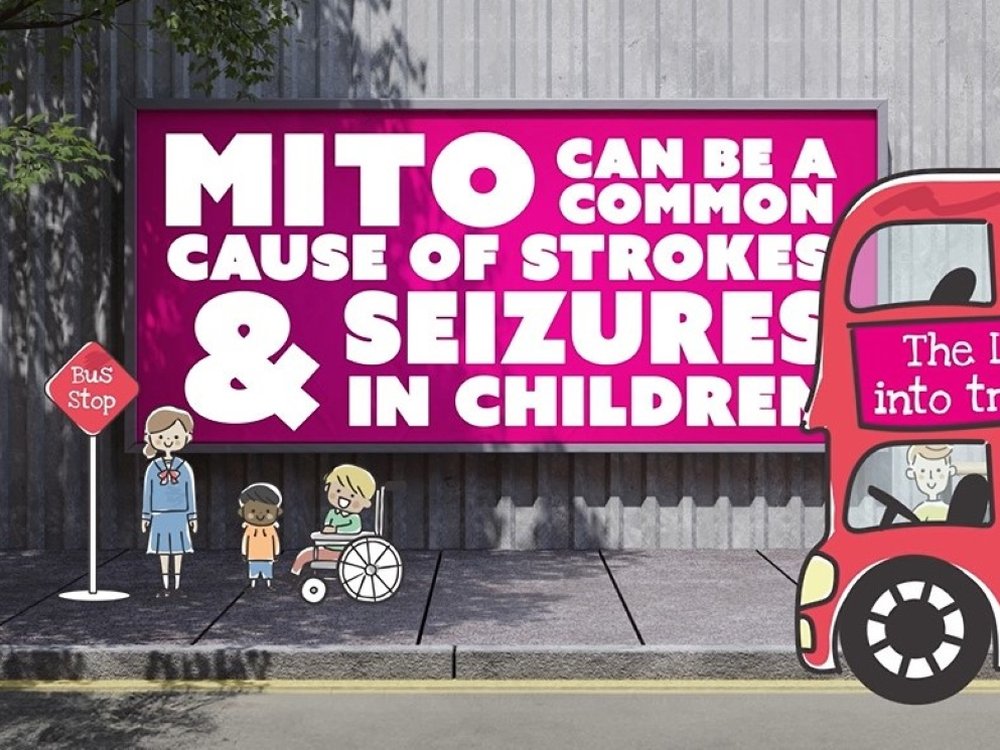 A huge billboard with a message about mitochondrial disease