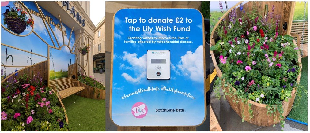 3 images showing close-ups of butterfly-shaped selfie station with contactless payment point and floral displays