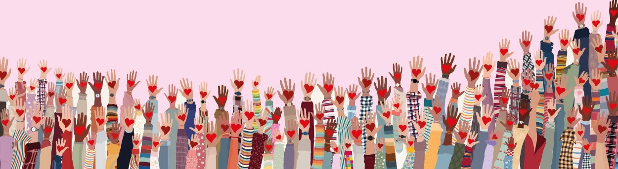 Lots of illustrated arms wearing colourful jumpers in the air. Each hand is holding a heart