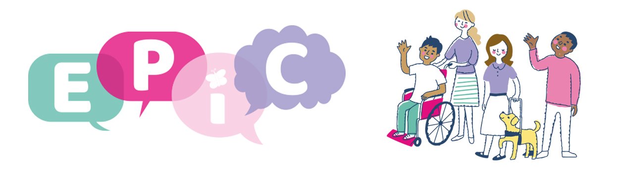 An illustrated graphic of four people with speech bubbles above their heads spelling out 'EPIC'