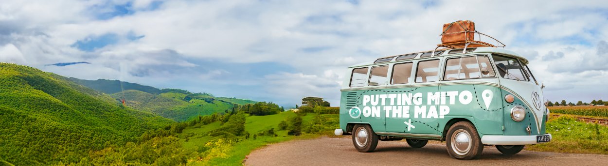 VW camper van with 'Putting mito on the map' logo on the side