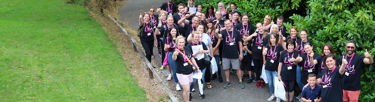 Looking down on a big group of LIly volunteers, all wearing LIly Tshirts and waving up at the camera