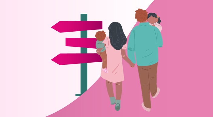 Graphic illustration of a couple following the pathway of a mitochondrial disease diagnosis