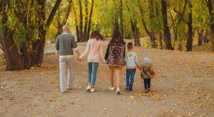 A family group holding hands and walking in a forest with their backs to the camera