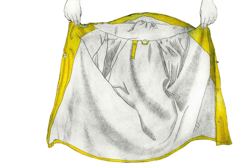 A pencil drawing of two holding a coat that is white on the inside and yellow on the outside