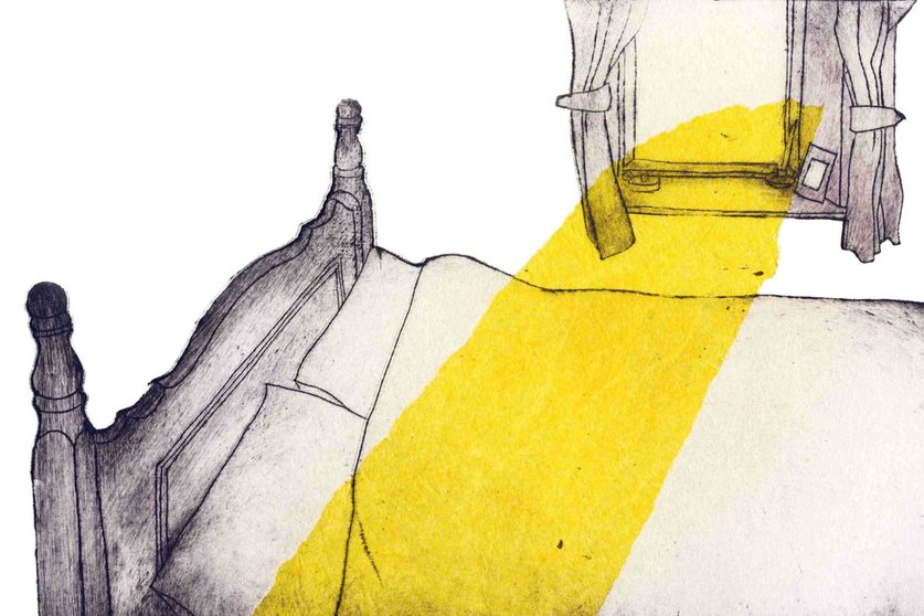 A pencil drawing of a bed with a smudge of yellow across it