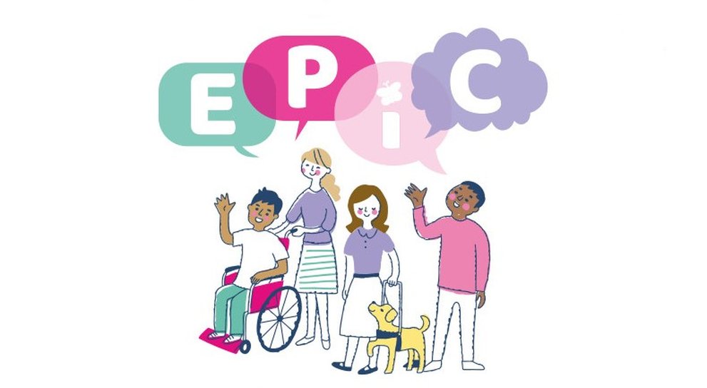 An illustrated graphic of four people with speech bubbles above their heads spelling out 'EPIC'