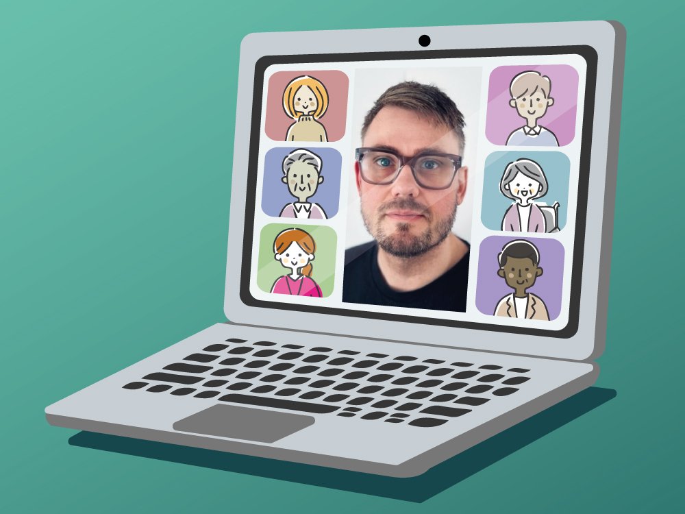 headshot of Consultant Clinical Neuropsychologist Dr Ben Marram in a graphic illustration of a zoom room