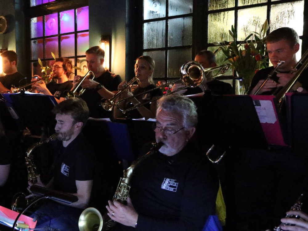 A group of jazz musicians standing together playing at a concert