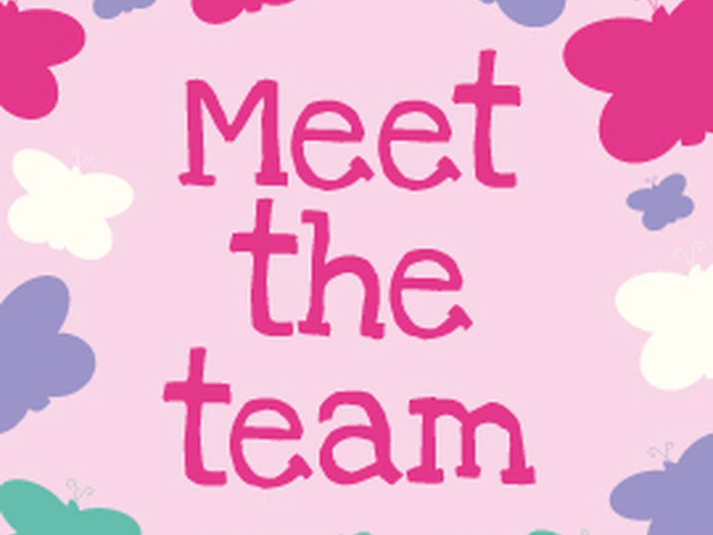 Pink Lily branded "Meet the Team" sign with pink, lilac and green butterflies around the border